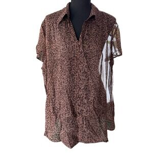 Charter Club 100% Silk Sheer Brown Leopard Print Button Up Blouse Top 20W Office